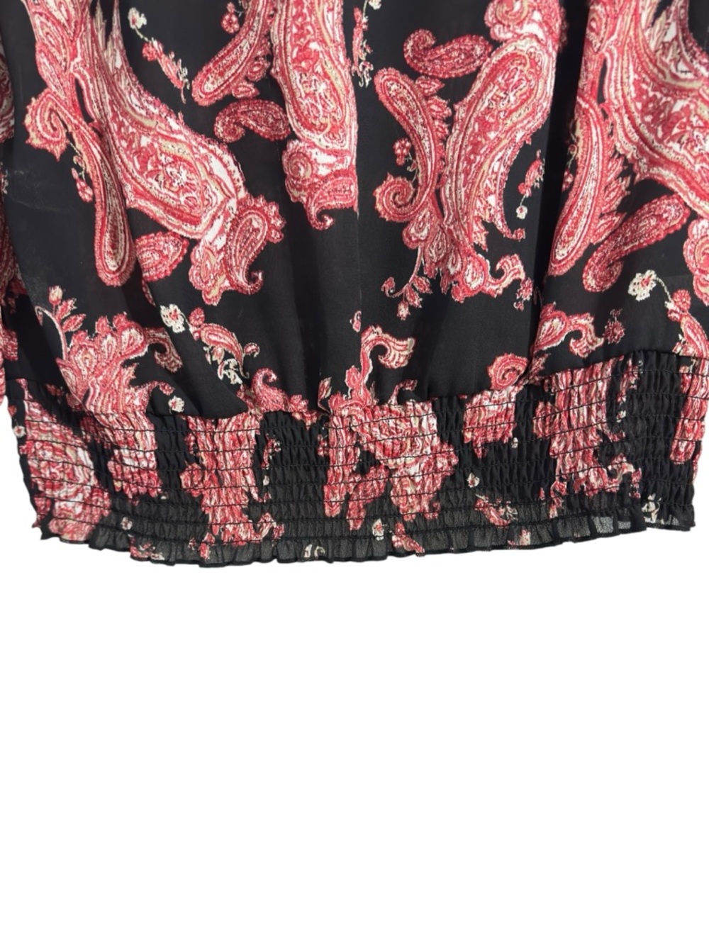 Cato Womens Large Black Red Paisley Blouse 3/4 Sleeve Smocked Hem Boho Top - Picture 7 of 12